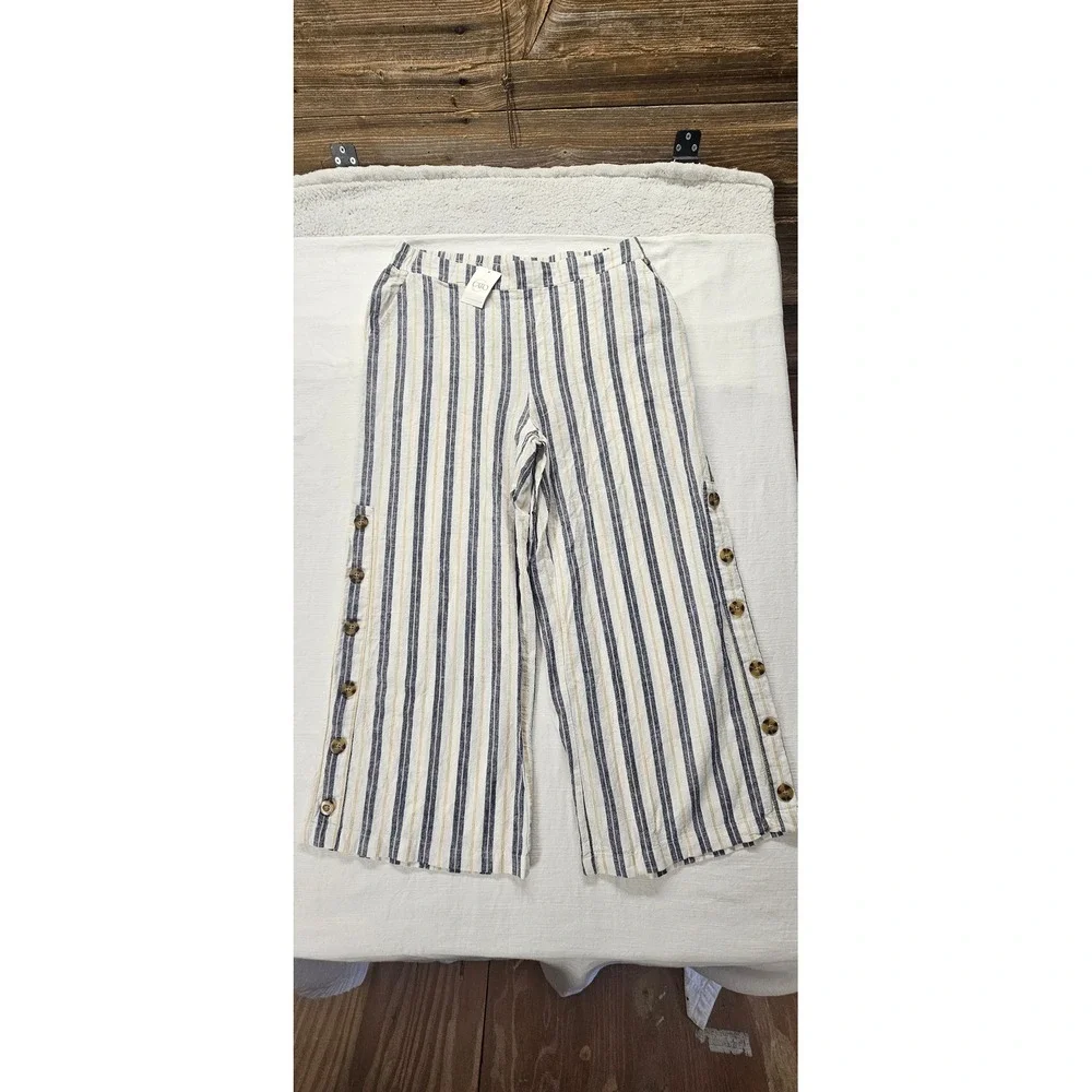 NWT Cato Women's White Blue Yellow Striped Wide Leg Button Side Pants S